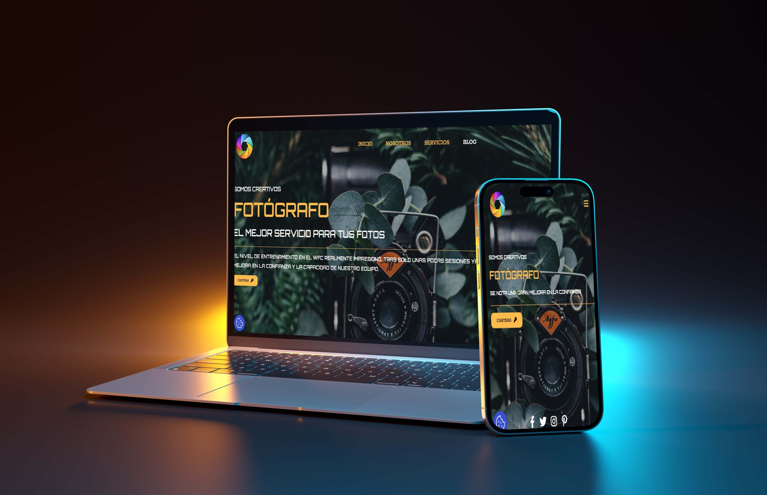 Mobile phone and laptop lighted by blue and orange lights Mockup